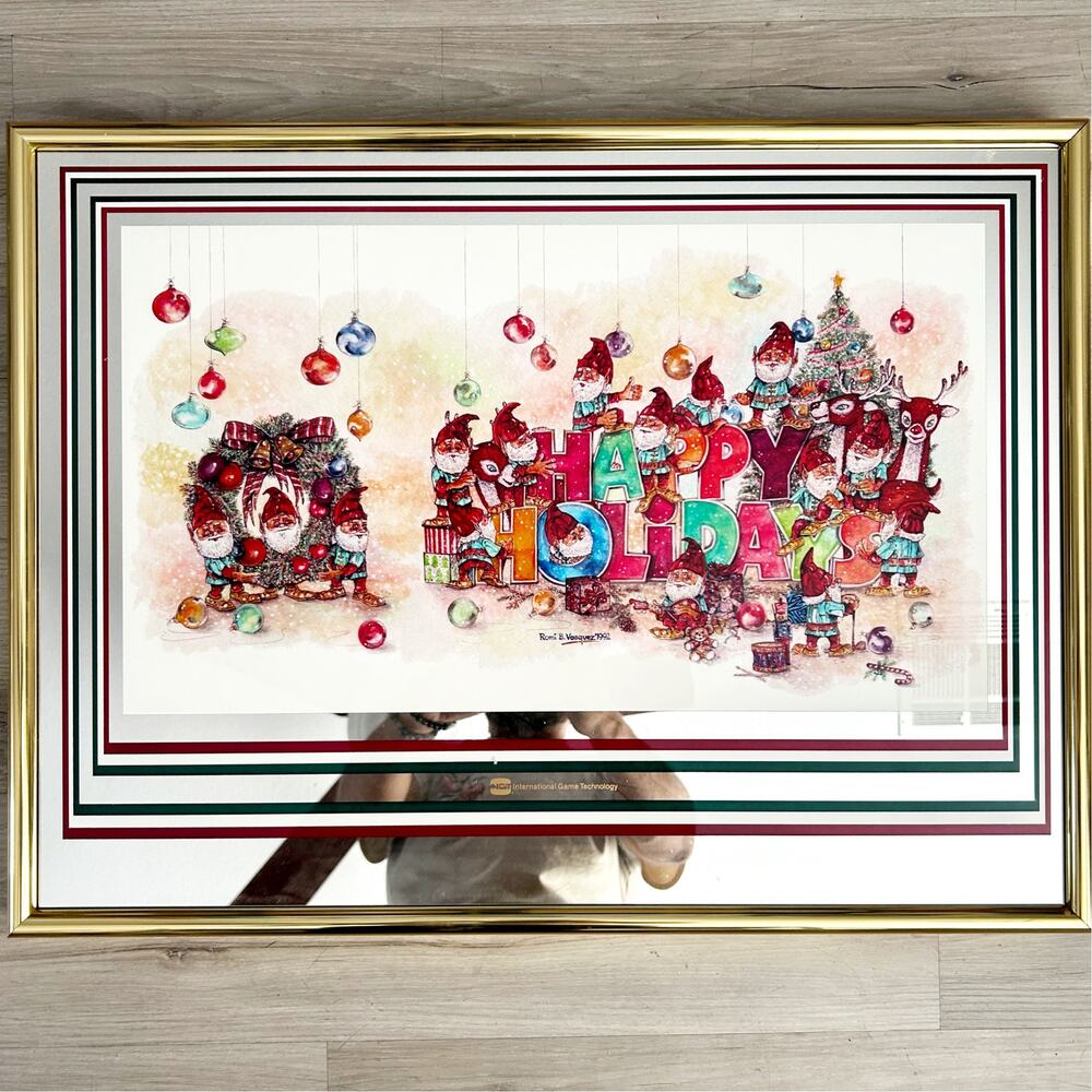 Vintage 1992 IGT Slots Christmas Elf Exclusive Holiday Glass Mirror Sign RARE